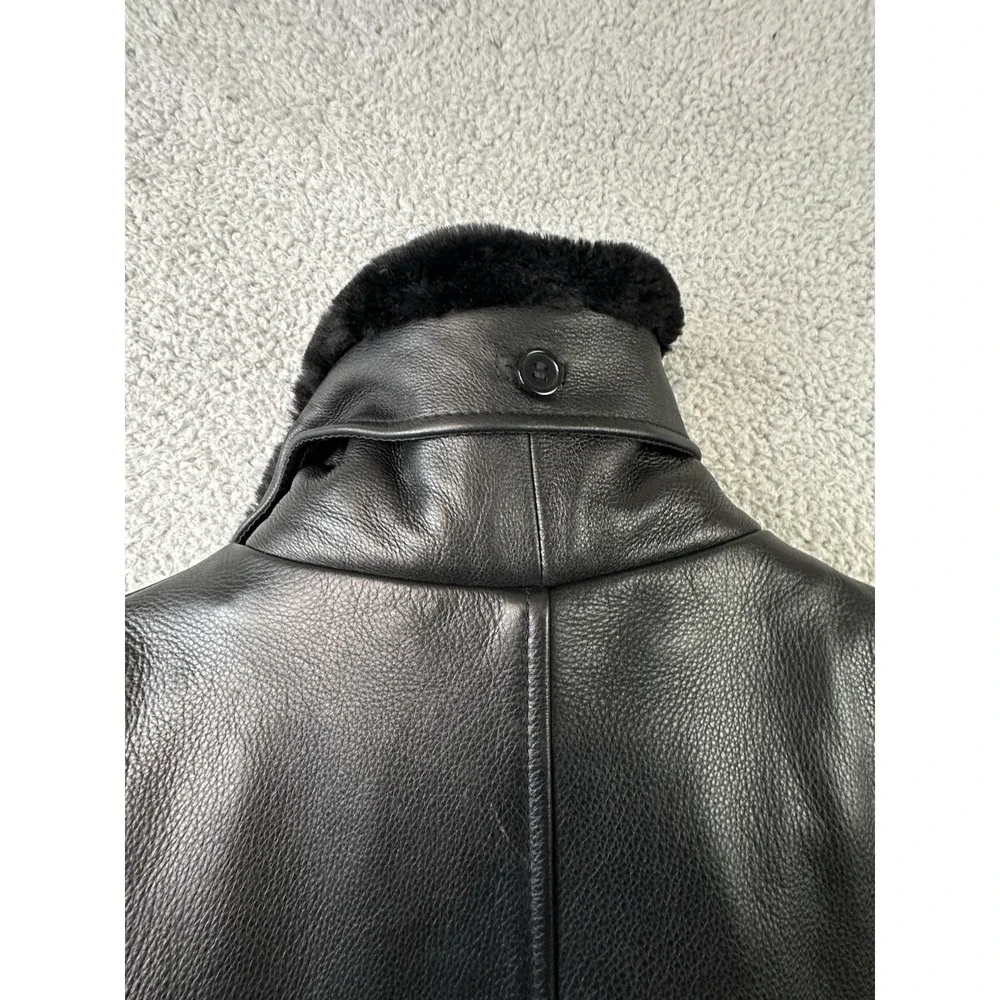 Wilsons Leather Pelle Studio Black Jacket Women L Removable Fur Collar Belted